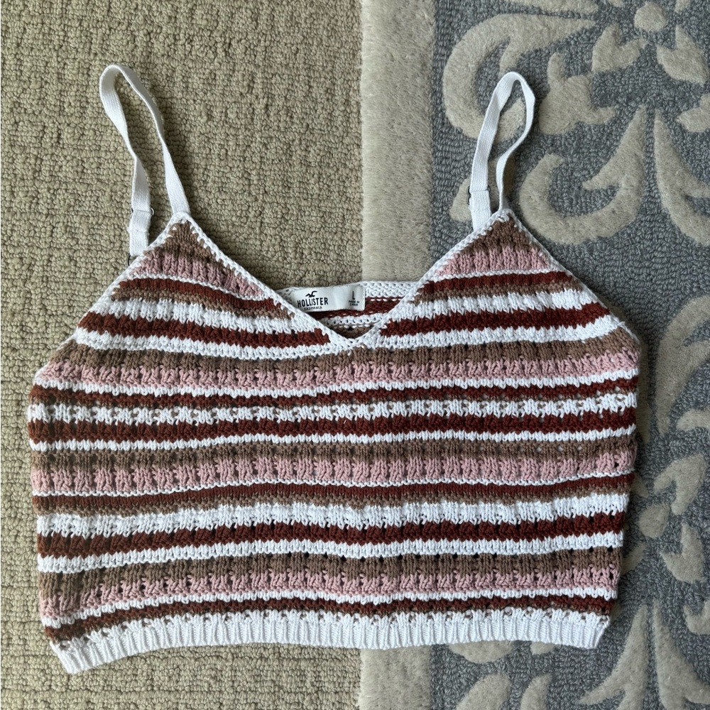 Hollister Women's Striped Brown Pink and White Top